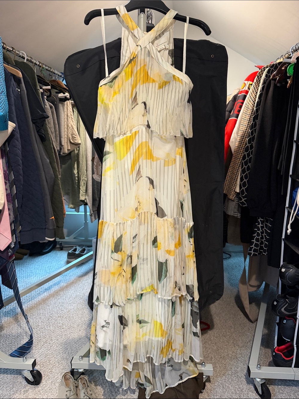 Anthropologie Cream Pleated Maxi Dress with Yellow & Green Floral Accents